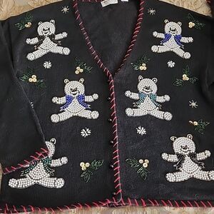 Vintage Beaded Teddy Bear Cute Ugly Christmas Sweater  With Red Stitched Trim